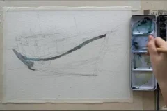 18节水彩风景教程：丛林猫沙滩列车旧船等场景绘制